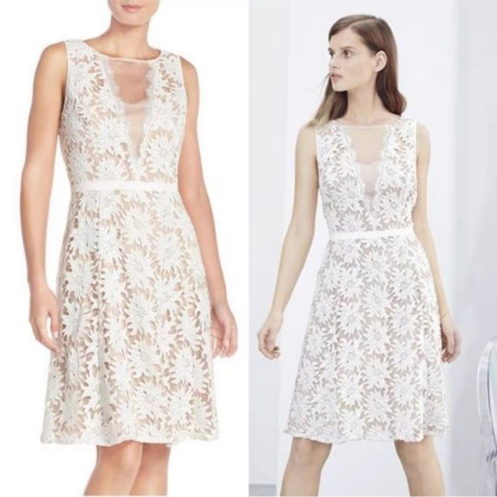 Adrianna Papell Sz 6 Illusion Floral Lace Fit & Flare Dress White Tan Nude